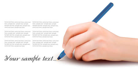 Hand with pen writing on paper. Vector illustration. のイラスト素材