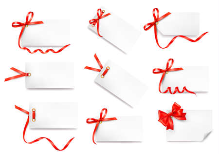 Set of card note with red gift bows with ribbons Vectorのイラスト素材