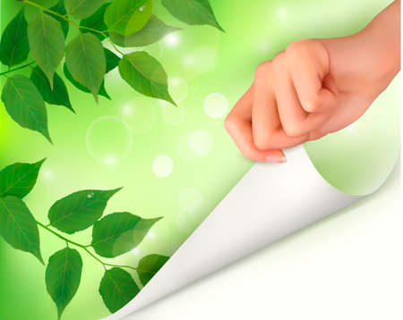 Nature background with green fresh leaves and hand  Vector illustration のイラスト素材