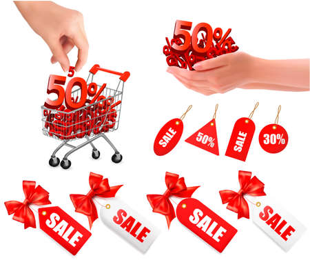 Set of sales tags with red gift bow and shopping carts with saleのイラスト素材