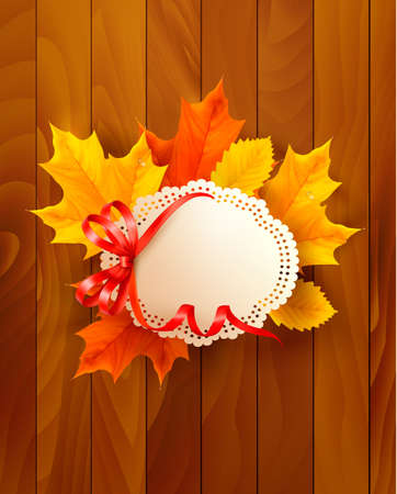Card with leaves with a bow on wooden background. Vector.のイラスト素材