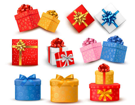 Set of colorful gift boxes with bows and ribbons. Vector illustrationのイラスト素材