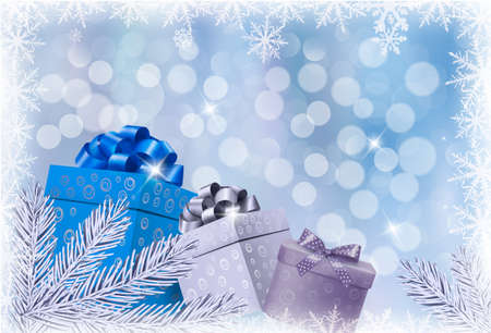 Christmas blue background with gift boxes and snowflake. Vector illustration. のイラスト素材