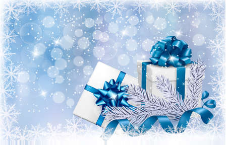 Christmas blue background with gift boxes and snowflake. Vector illustration. のイラスト素材