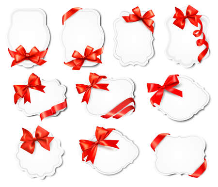 Set of beautiful cards with red gift bows with ribbons Vectorのイラスト素材