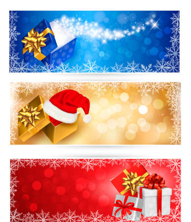 Three christmas banners with gift boxes and snowflakes. Vector illustration. のイラスト素材