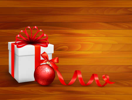 Holiday background with gift box and red ball. Vector illustration. のイラスト素材