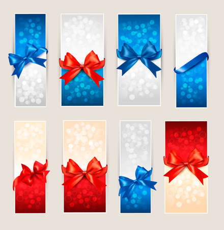 Set of colorful Gift cards with gift bows with ribbons  Vectorのイラスト素材