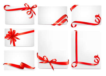 Set of beautiful cards with red gift bows with ribbons Vectorのイラスト素材