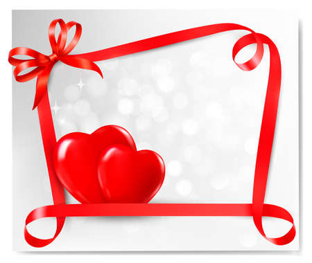 Valentine background with two red hearts and gift bow and ribbonsのイラスト素材