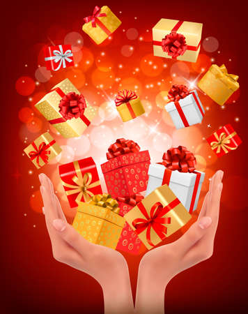 Holiday background with hands holding gift boxes. Concept of giving presentsのイラスト素材