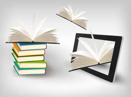 Books flying in a tablet. Vector illustration.のイラスト素材