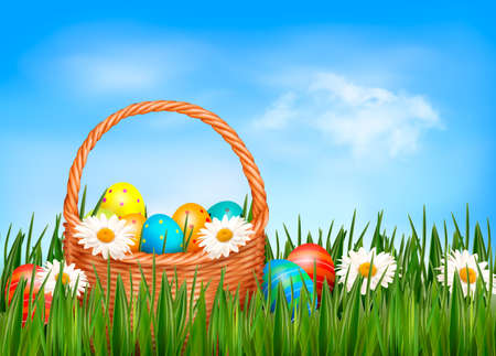 Easter background  Easter eggs and flower with basket in the grassのイラスト素材