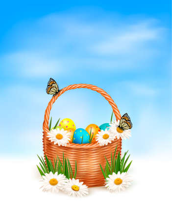 Easter background with Easter eggs in basket and butterfly on flowers のイラスト素材