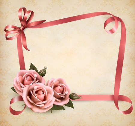 Retro holiday background with pink roses and ribbons. Vector illustration.のイラスト素材