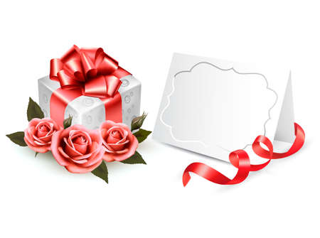 Greeting card with a ribbon, a present and three roses. Holiday background. Vector.のイラスト素材
