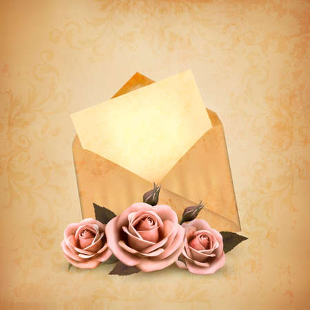 Three roses in front of an old envelope with a letter. Love letter concept. Vector.のイラスト素材