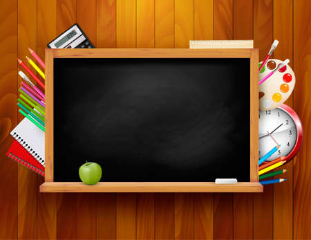 Blackboard with school supplies on wooden background illustration  のイラスト素材