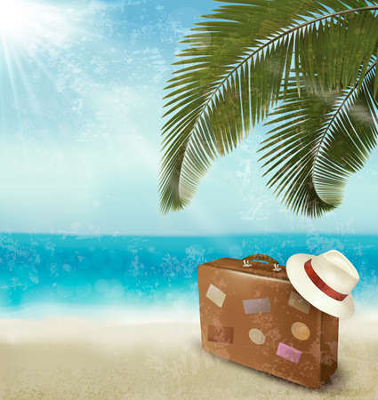 Vintage beautiful seaside background with suitcase and a hat. Vector のイラスト素材