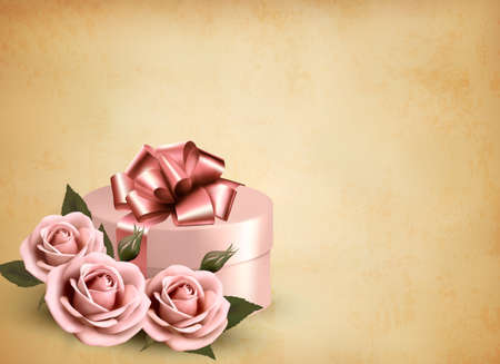 Holiday retro background with pink roses and gift box. Vector illustration のイラスト素材