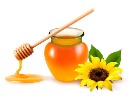 Jar of honey and a dipstick with yellow flower. Vector illustration.のイラスト素材