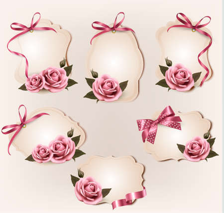 Set of beautiful retro labels with pink rose and gift bows. Vector illustration. のイラスト素材