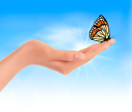 Hand holding a butterfly against a blue sky. Vector illustration. のイラスト素材
