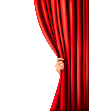 Background with red velvet curtain and hand illustration.のイラスト素材