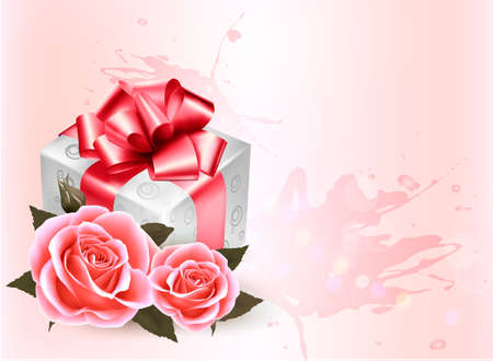 Holiday background with pink roses and gift box.のイラスト素材