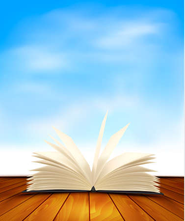 Open book on a wooden floor in front of a blue background.のイラスト素材