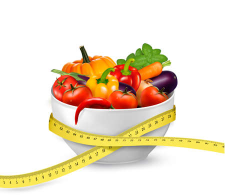 Diet meal. Vegetables in a bowl with measuring tape. Concept of diet. のイラスト素材