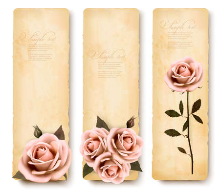 Three retro holiday banners with pink roses. Vector のイラスト素材