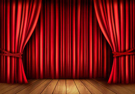 Background with red velvet curtain and a wooden floorのイラスト素材