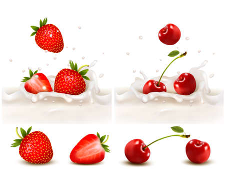 Red strawberry and cherries fruits falling into the milky splash. Vector illustration のイラスト素材
