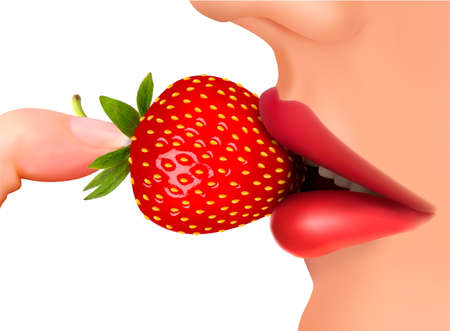 Beautiful red lips with strawberry. Vector illustration. のイラスト素材