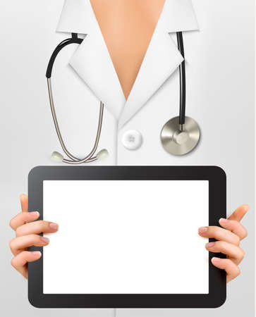 Doctor with stethoscope holding blank digital tablet. のイラスト素材
