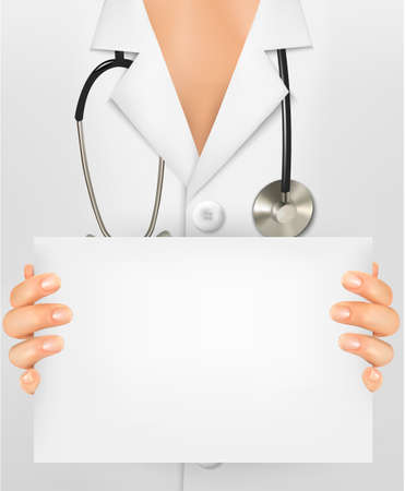 Doctor with stethoscope holding blank sheet of paper. Vector illustration. のイラスト素材