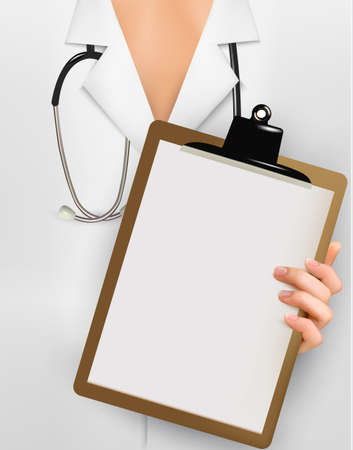Doctor with stethoscope holding clipboard with blank sheet of paper. のイラスト素材