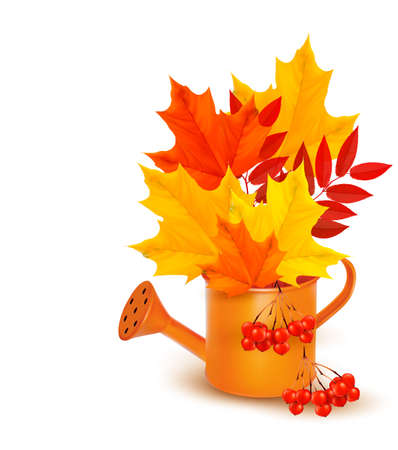 Autumn background with colorful leaves growing in a watering can. Vector.のイラスト素材