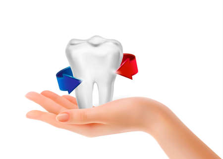 White tooth surrounded by beams. Taking care of teeth concept. Vector. のイラスト素材