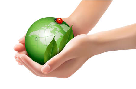 Green world and leaf have love bug in woman hands. Vector illustration. のイラスト素材