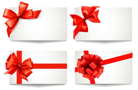 Set of beautiful gift cards with red gift bows with ribbons Vector のイラスト素材