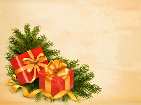 Christmas retro background with tree branches and gift boxes. Vector. のイラスト素材