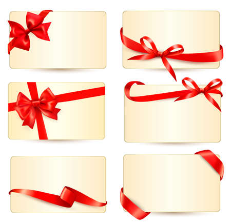 Set of beautiful gift cards with red gift bows with ribbons Vector のイラスト素材