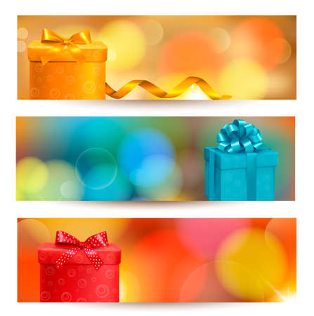 Retro holiday background with blue gift ribbon with gift boxes. Vectorのイラスト素材