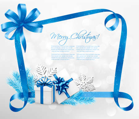 Holiday background with blue gift bow and gift boxes. Vector. のイラスト素材