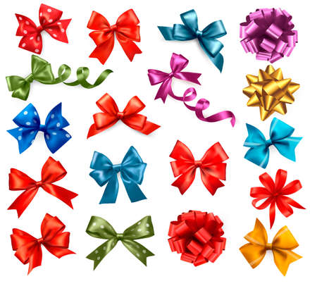 Big collection of color gift bows with ribbons  Vector illustration  のイラスト素材
