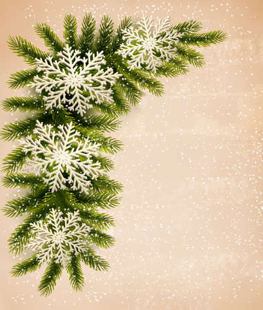 Christmas retro background with christmas tree branches and snowflakes. Vector のイラスト素材