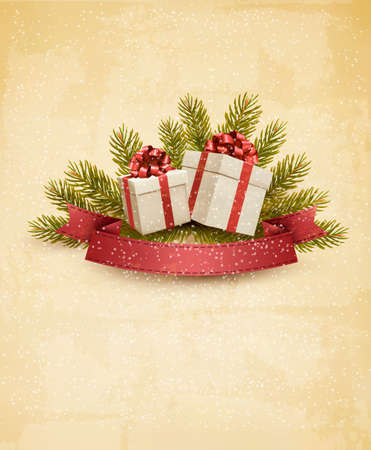 Holiday background with ribbon and red gift boxes. Vector.のイラスト素材