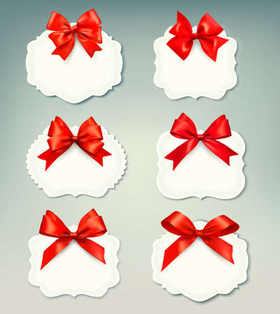 Set of beautiful retro labels with red gift bows with ribbons  Vector illustration  のイラスト素材